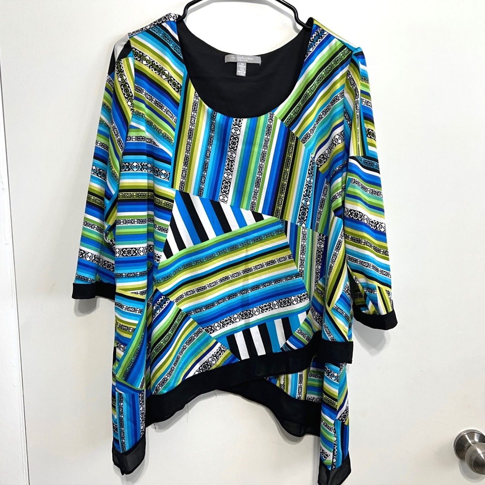 NY‎ Collection Womens Blue Green Geometric Asymmetric Top Size 1X Abstract Artsy